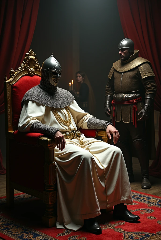 Depict a tense moment between Baldwin IV and Guy of Lusignan. The scene is set in a royal chamber, where Baldwin, seated but clearly weak and King baldwin wearing silver mask, Hand gloves, engraved gold chain, divine papacy, legendery hood, divine papacy legs, cape in whte looking cool, confronts Guy, who stands before him with a defiant posture. Sibylla is in the background, torn between loyalty to her brother and her husband, her expression filled with conflict. The room is dimly lit by flickering torches, and the atmosphere is thick with political tension. The rich decor of the chamber, with heavy curtains and intricate carpets, contrasts with the coldness between the characters.