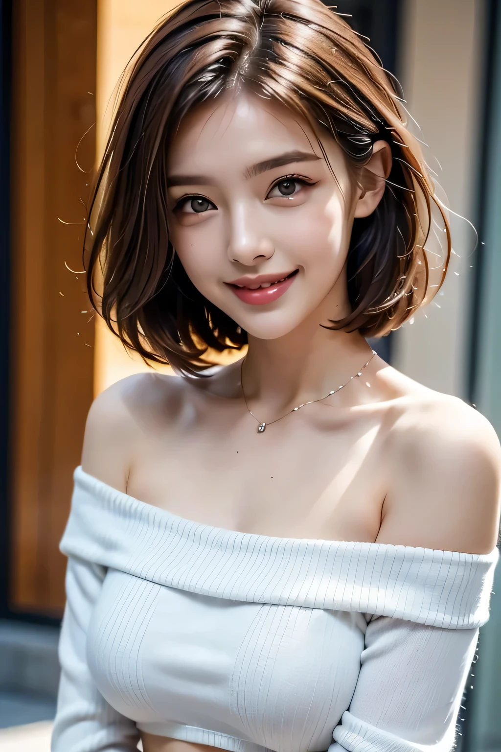 1 Beauty, ((White knit loose off-shoulder top, Tight mini skirt)), Beautiful Face, Beautiful Eyes, double eyelid, Long eyelashes, Thick mascara, Dark eyeliner, grin, Brown Skin, Brunette Bob, Cheeky look, Redness on the cheeks, Raise the corners of the eyes, Triumphant thin eyebrows, ((Very detailed)), Perfectly detailed face, Great hands, Photorealistic images, (street), Sexy pose, Accurate Arm, Accurate Fingers, (masterpiece, Highest quality, Very detailedな顔, Perfect lighting, Ultra-high resolution, Very detailed)