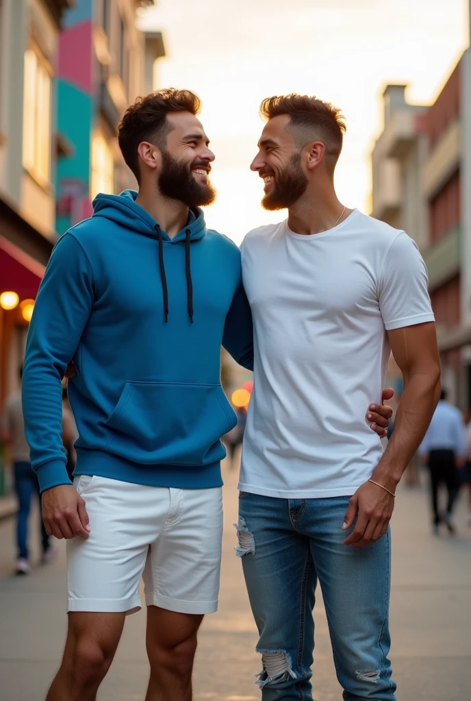 Two friends, black, coast to coast, of the same height, one in a blue hoodie and white shorts, another in a white t-shirt and jeans