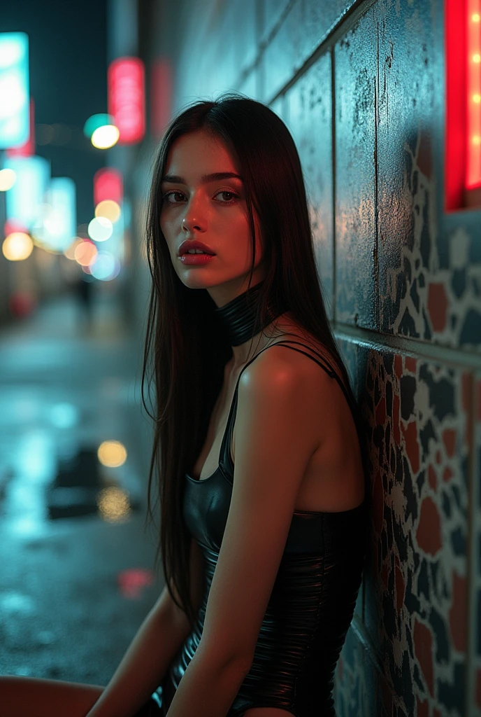 editorial photography,super detailed background,Super realistic,double exposure,depth of field,cool beauty super skinny vides,soft focus toxic tone,narrative scene,geometric Wabi-Sabi city,open Crimson lips,narrow eyes,three-dimensional uneven pattern uneven rubber tiny mini dress,portrait,super long straight hairstyle,sitting against the wall,arm up,