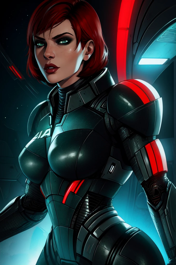 Mass Effect's Jane, solo,short hair,red hair,green eyes, Shepard, black power armor, standing, upper body, N7, space pod, neon lights, (insanely detailed, beautiful detailed face, masterpiece, best quality) In comic style sexy clean eyes
