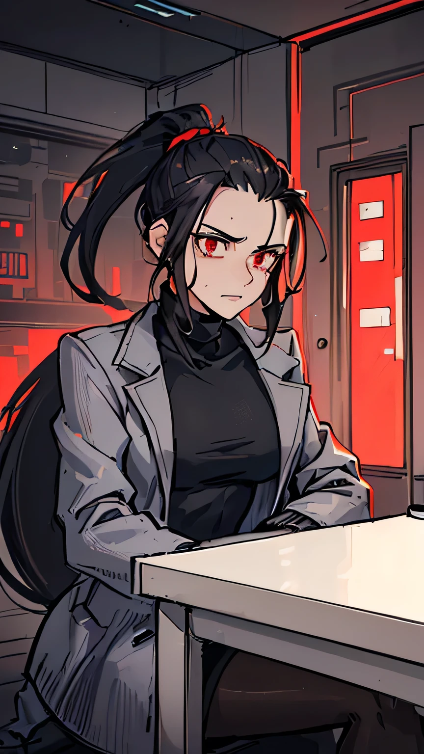 (detailed), (((normal guy))), (Arabic characteristics), ((gray wool jacket)), ((pelo negro rizado Ponytail hairstyle)), ((Ponytail hairstyle)), (calm face), ((by the width)), ((coffee boots)), (((whole body))), ((in a cyberpunk room)), ((male)), (gray turtleneck sweater), ((only one person)), (at night), terror, ((eyes glowing red)), In the dark