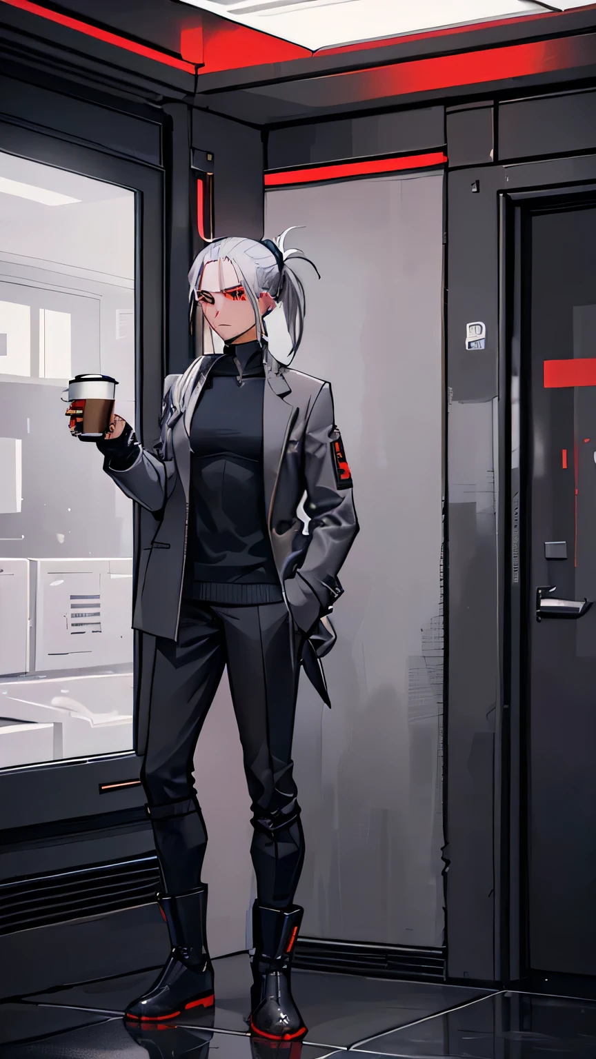 (detailed), (((normal guy))), (Arabic characteristics), ((gray wool jacket)), ((pelo negro rizado Ponytail hairstyle)), ((Ponytail hairstyle)), (calm face), ((by the width)), ((coffee boots)), (((whole body))), ((in a cyberpunk room)), ((male)), (gray turtleneck sweater), ((only one person)), (at night), terror, ((eyes glowing red)), In the dark