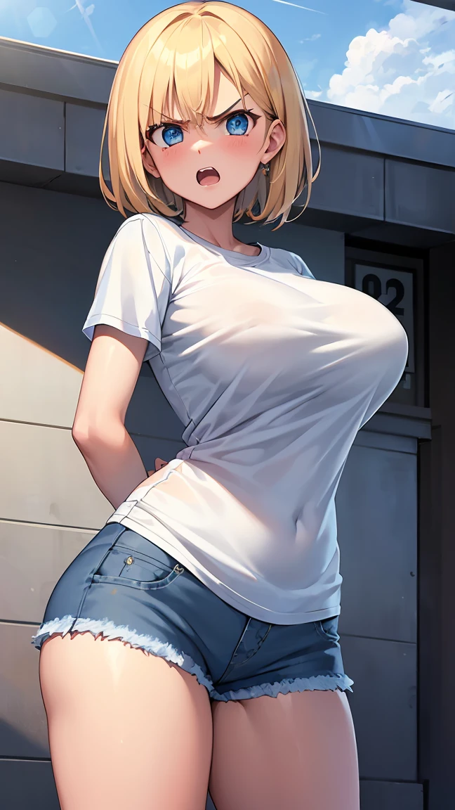 looking at viewer, (gleaming skin:1.3), blush, angry, A girl with blonde short hair, tan skin, sky-blue eyes, open mouth, wearing a white bikini, breast,standing, (Square in front of the station:1.6). arms behind back. 1girl, extremely detailed CG, super detailed skin, perfect anatomy, dynamic lighting, beautiful detailed eyes, Top quality、Realistic、woman、milf 、Beautiful Eyes、Symmetrical eyes、(angry:1.4)、 (Big breasts bigger than face、curvy body:1.2)、 (Plain white short sleeve t-shirt、denim:1.6), spread legs、