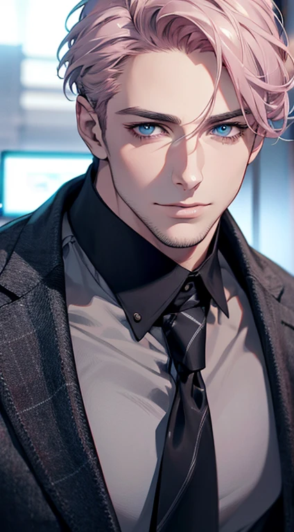 (best quality,4k,8k,highres,masterpiece:1.2),ultra-detailed,(realistic,photorealistic,photo-realistic:1.37),1 man,31 years old,mature man,very handsome,without expression,smile,short grey pink hair,blue eyes,penetrating gaze,perfect face without errors,imposing posture,businessman,office background,cinematic lighting,hdr image