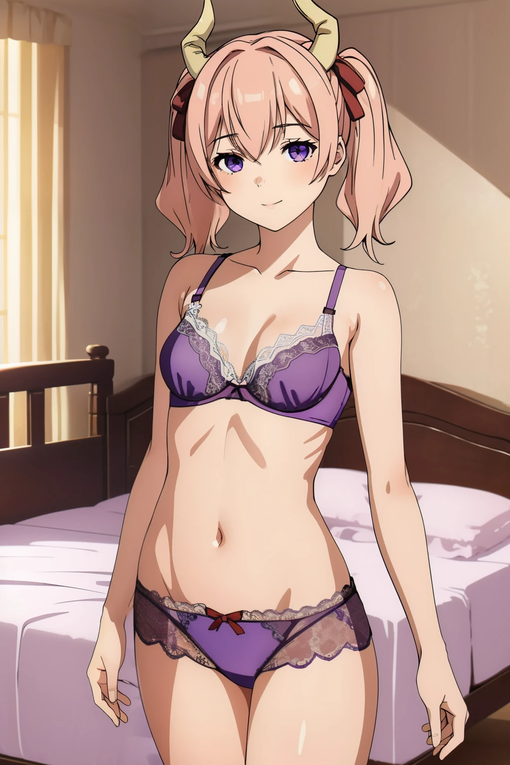 (High resolution), (masterpiece), (Highest quality), (Amazing visuals), (Beautiful character design), 18-year-old,young woman, Beautiful fingers, Beautiful long legs, Beautiful body, line eye, Mary Jane, One girl, alone, Short Twin Tails, Hair between the eyes, Pink Hair, Medium Hair, Devil horns, Dark red hair ribbon, Pointed Ears, Purple eyes, smile,( small Breasts), looking at viewer, (purple lace bra: 1.3), ( purple lace Panties: 1.3), (Realistic purple lace bra pantie), standing, cowboy shot, indoor, (bed room), nsfw