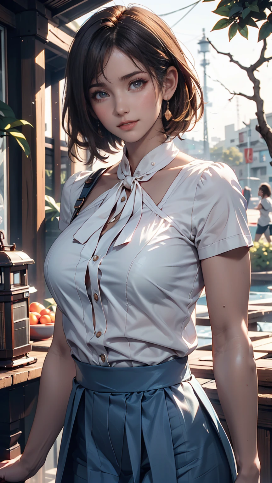 (8k, Highest quality, masterpiece: 1.2), Super detailed, Highest quality, Ultra-high resolution, Professional Lighting, Photon Mapping, Radio City, Physically Based Rendering, Cinema Lighting, Depth of written boundary, focus on, Light of the sun, Good composition, (Bokeh: 1.2), 1 person, (whole body), smile, Beautiful Eyes, Pause, narrow, Brown Hair, short hair, Prairie Blouse Light Blue, skirt,garden,hand {refer tos} cute {refer to} hand,