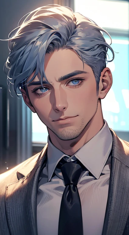 (best quality,4k,8k,highres,masterpiece:1.2),ultra-detailed,(realistic,photorealistic,photo-realistic:1.37),1 man,31 years old,mature man,very handsome,without expression,smile,short grey blue hair,blue eyes,penetrating gaze,perfect face without errors,imposing posture,businessman,office background,cinematic lighting,hdr image