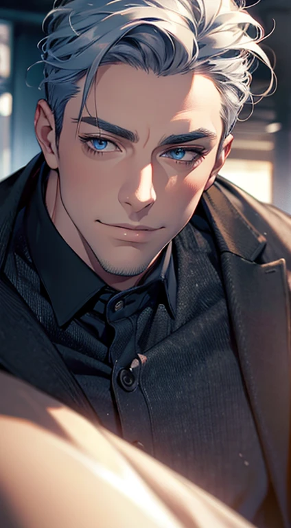 (best quality,4k,8k,highres,masterpiece:1.2),ultra-detailed,(realistic,photorealistic,photo-realistic:1.37),1 man,31 years old,mature man,very handsome,without expression,smile,short grey blue hair,blue eyes,penetrating gaze,perfect face without errors,imposing posture,businessman,office background,cinematic lighting,hdr image