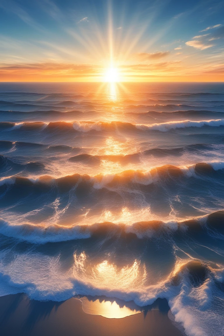 illustrator, ocean, high resolution, High definition, high quality, landscape, realistic, masterpiece, dawn, dark blue sky, orange sunlight reflecting on the ocean, sun coming out from the horizon, drone shot