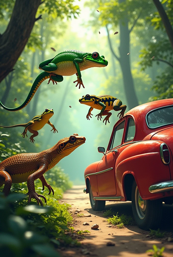 3 diffrent Snakes eating and chasing a single frog....frog escaping in air by jumping in car