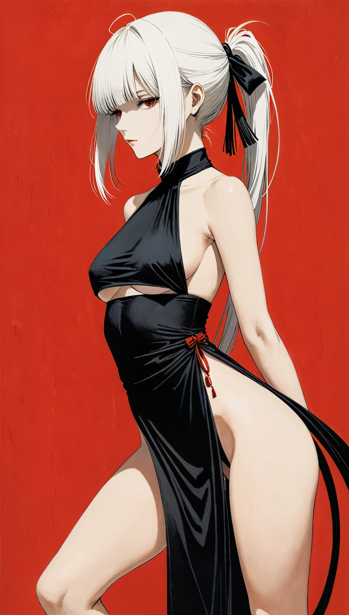 in style of Santiago Caruso,in style of Hans Hartung
(1girl ),white hair,(UnderBoob:1.1),red background,alternate hairstyle,covered chest curtain tassel,blunt bangs,short side hair,incredibly long low pony tail,Absurd artistic,gravure_pose,black hindbrain bow