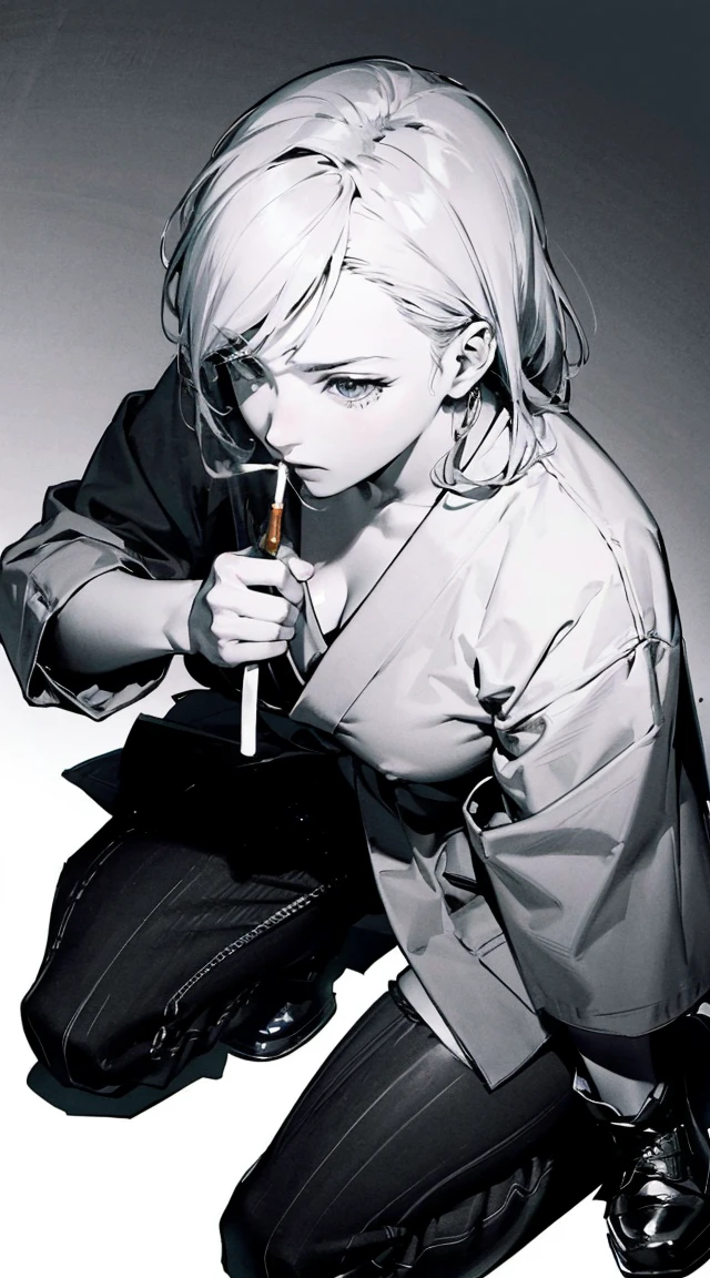 A female yakuza smoking marijuana on one knee,1girl,anime coloring,Dynamic angles, Correct body structure, Cinematic lighting, Light particles, Maximum facial details, Maximum detailed textures, Maximum detailed shadows, Maximum detailed backgrounds,from above