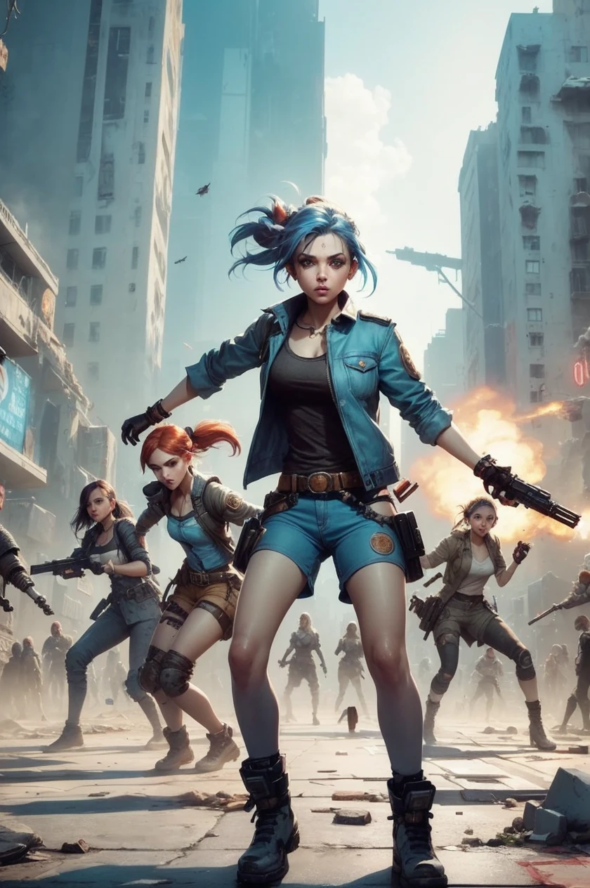 A post-apocalyptic scene in New York, 4 girls in front, 4 girls in retro-style outfits, tight blue jeans, blue,red,black,white clothes, tall ponytails, blue hair, holding light guns, fierce poses, (best quality,4k,8k,highres,masterpiece:1.2),ultra-detailed,(realistic,photorealistic,photo-realistic:1.37),extremely detailed girls, beautiful detailed eyes,beautiful detailed lips,extremely detailed eyes and face,long eyelashes,highly detailed environment,dystopian,cinematic lighting,dramatic shadows,gritty,grunge,muted colors,post-apocalyptic,abandoned city,rubble,concrete,neon signs,cyberpunk,retrofuturistic