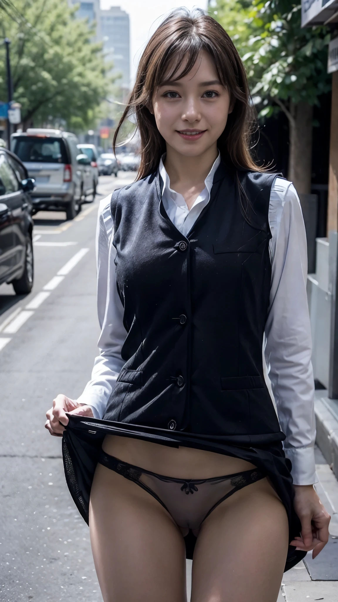 A woman in an office lady outfit standing on the sidewalk,((48-year-old woman))、Normal size breasts、Dark brown hair color、Hairstyles with bangs、Shoulder-length straight hair、(8k, RAW Photos, Highest quality, Tabletop: 1.2),、(Realistic, Realistic: 1.3), Cityscape, Day, Sunny Morning, Professional Lighting, Photon Mapping, Open-neck business shirt, (A black vest unbuttoned and open:1.8) 、Cleavage, Black mini skirt、Black tight skirt、((Delicate photo)),(Detailed RAW Photos of Girls), (Tabletop:1.25), (Highest quality:1.6), (Ultra-high resolution:1.5), (Realistic:1.75), 8k resolution, Canon EOS R5, 50mm, Absurd, Very detailed,Cinema Lighting, (Skirt Lift:1.5)、Browsing Caution、the wind is strong、smile、I flipped up my skirt, ((race_panties)), Beautiful cat, Browsing Caution,