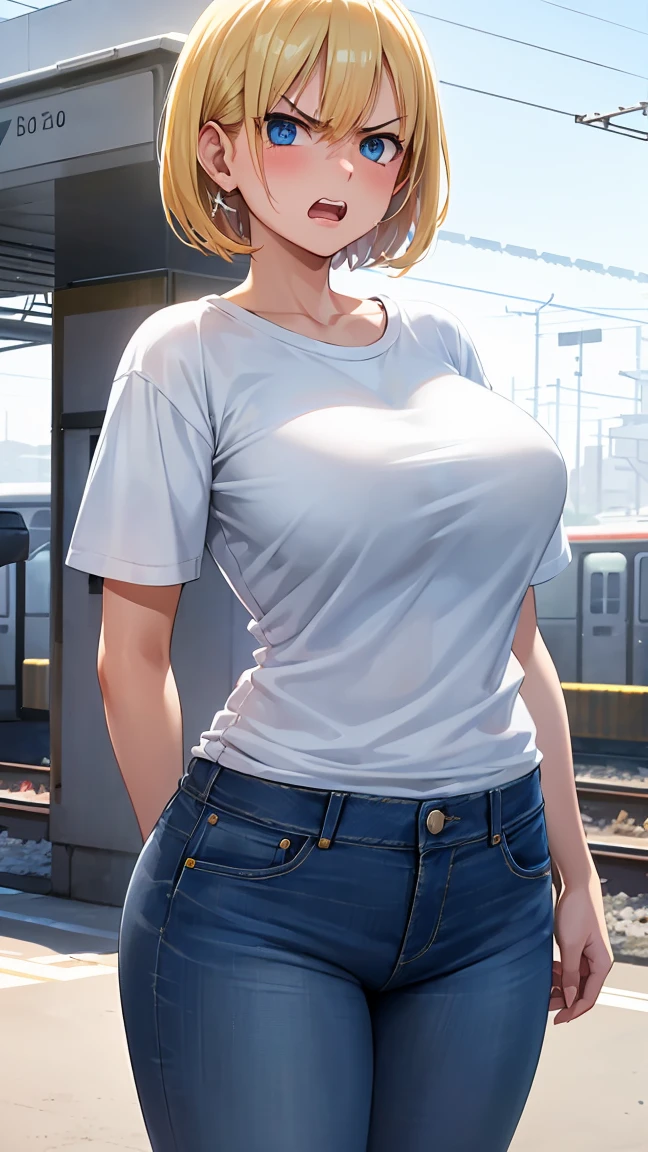 looking at viewer, (gleaming skin:1.3), blush, angry, A girl with blonde short hair, tan skin, sky-blue eyes, open mouth, wearing a white bikini, breast,standing, (Square in front of the station:1.6). arms behind back. 1girl, extremely detailed CG, super detailed skin, perfect anatomy, dynamic lighting, beautiful detailed eyes, Top quality、Realistic、woman、milf 、Beautiful Eyes、Symmetrical eyes、(angry:1.4)、 (Big breasts bigger than face、curvy body:1.2)、 (Plain white short sleeve t-shirt、denim:1.6), spread legs、
