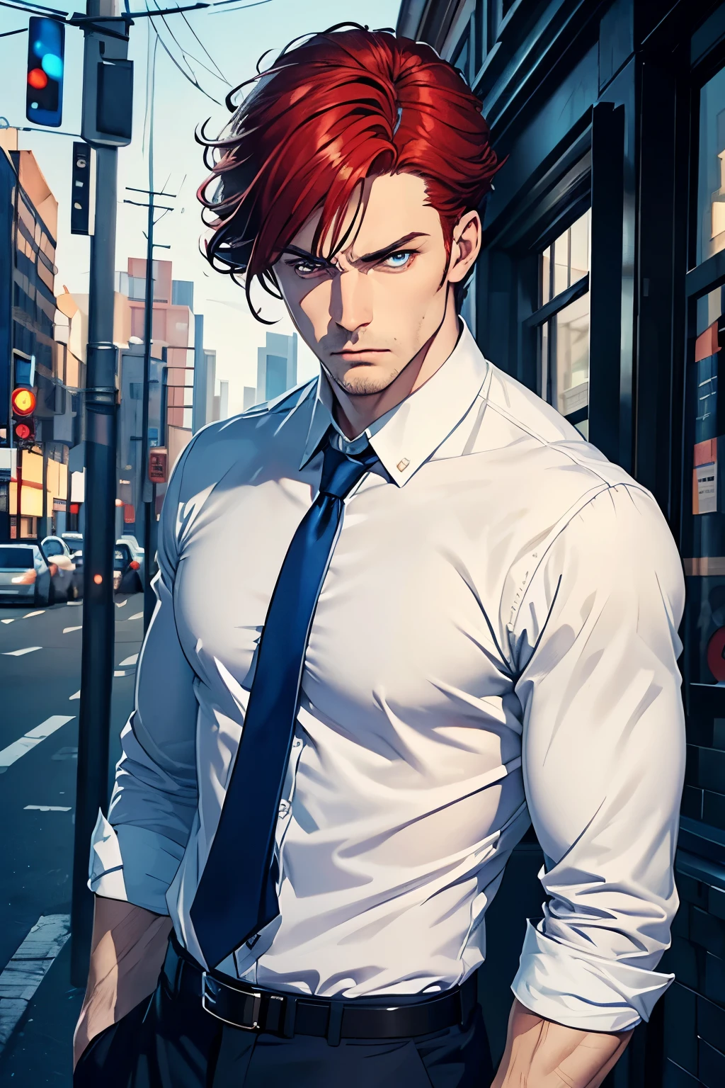 Caucasian man, handsome, annoyed look, blue eyes, pale skin, medium length red hair, smart casual outfit, detective cop, semi-realism, illustrated, pseudo-realistic, bold lines, character art, with a focus on detail and semi-realism --ar 3:4 --niji 6