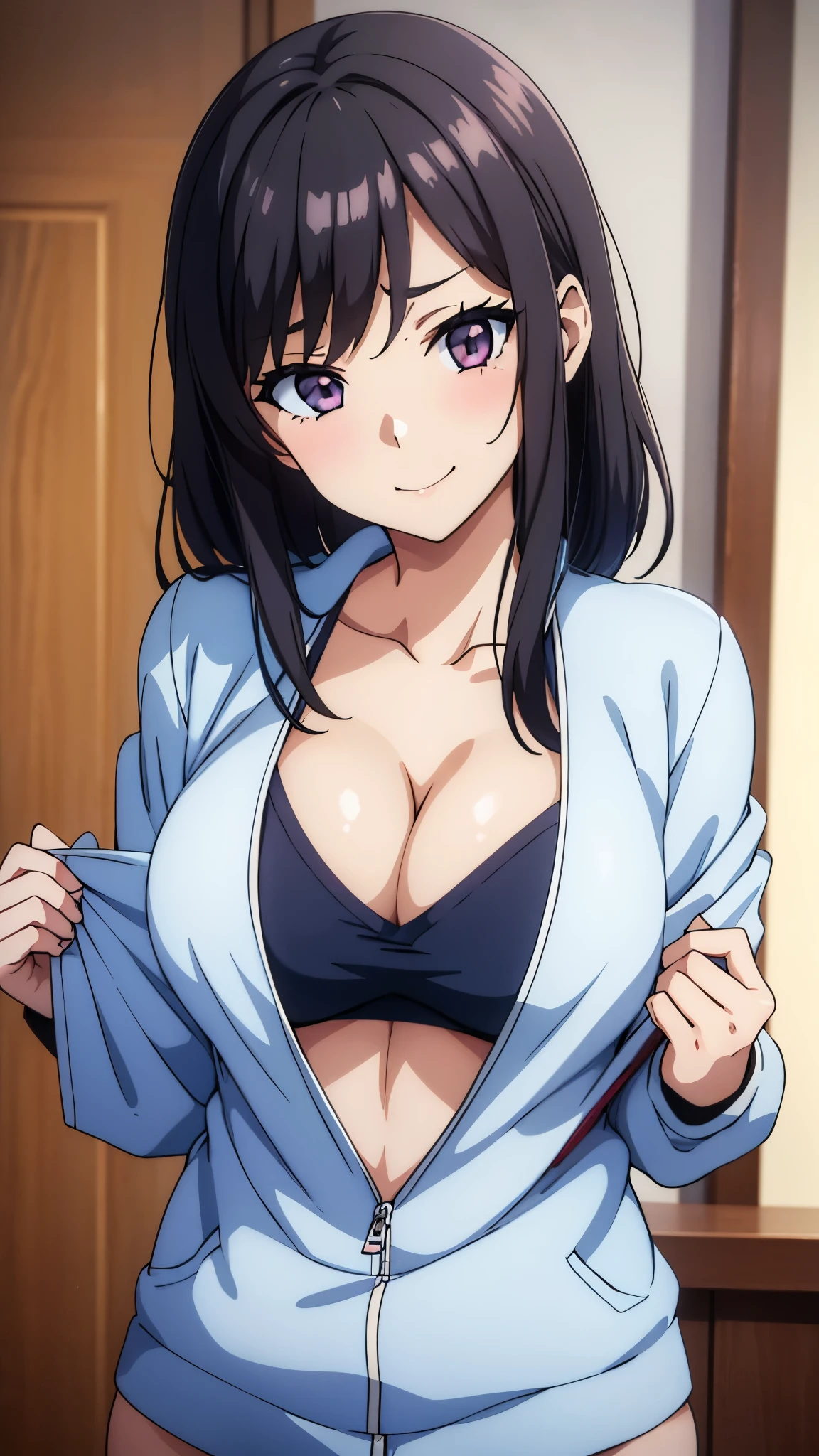 (((masterpiece))),fuyumi itadori, Anime girl characters, 1girl, solo, looking at viewer, medium hair long sleeves, cleavage, bigger breasts, closed mouth, collarbone, jacket, open clothes, open jacket, blue jacket, ground vehicle, sports bra, tall girl, horny, big ass, beautiful face,Charming,  anime visual of a cute girl, screenshot from the anime film, & her expression is solemn, ahegao face, in the anime film, in an anime, anime visual of a young woman, she has a cute expressive face, still from anime, perfect breasts, she is tall, All bodies visible, ahegao face, the face is ahegao, she is horny, A perverted face, she so perverted, she smile so perverted, hd picture, 4k quality, details of the face is so good,bigger breasts, 