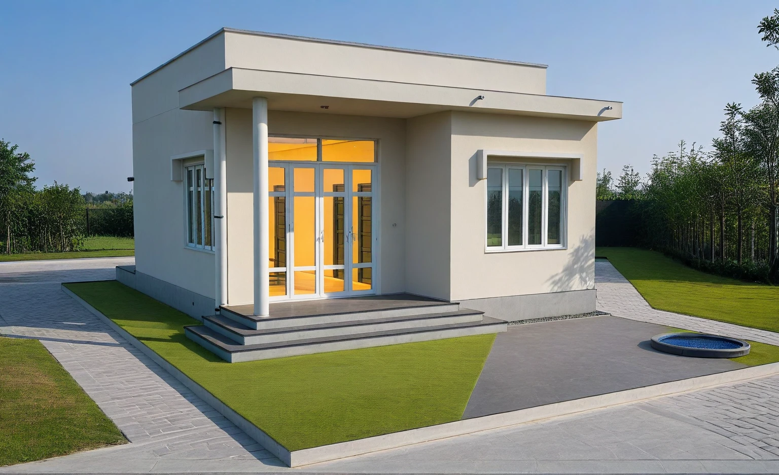 modern townhouse, (sunset), (warm interior lighting:1.2) with trees surround