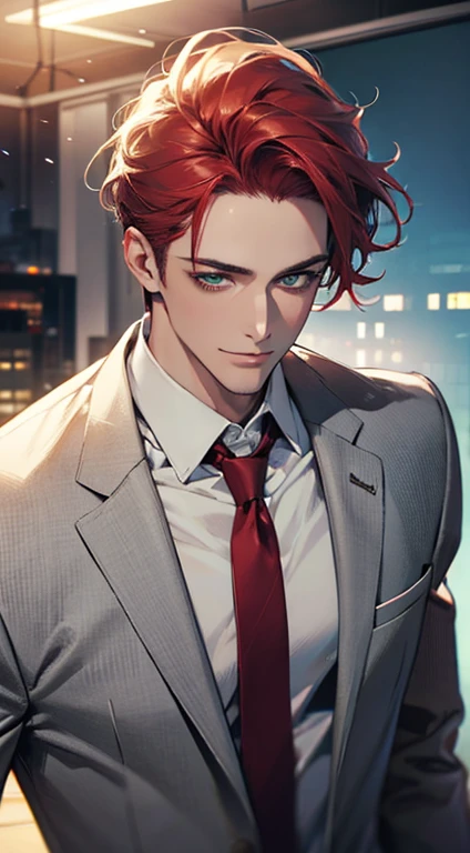 (Highest quality,4K,8K,High resolution,masterpiece:1.2),Super detailed,(Realistic,photoRealistic,photo-Realistic:1.37),1 person,31 years old,Mature Men,Beautiful skin、very handsome,Expressionless smile in love,Short gray red hair,green eyes,Sharp Eyes,A perfect face without a doubt,Businessman,Office Background,Cinema Lighting,HDR image,tie、