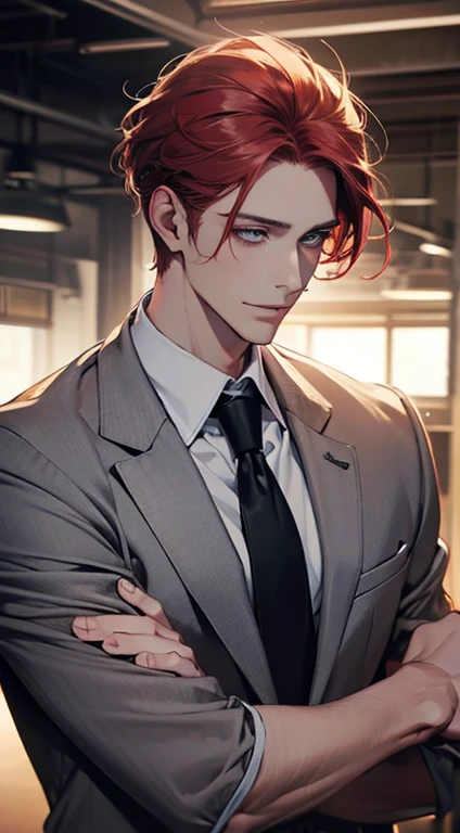 (Highest quality,4K,8K,High resolution,masterpiece:1.2),Super detailed,(Realistic,photoRealistic,photo-Realistic:1.37),1 person,31 years old,Mature Men,Beautiful skin、very handsome,Expressionless smile in love,Short gray red hair,green eyes,Sharp Eyes,A perfect face without a doubt,Businessman,Office Background,Cinema Lighting,HDR image,tie、