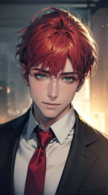 (Highest quality,4K,8K,High resolution,masterpiece:1.2),Super detailed,(Realistic,photoRealistic,photo-Realistic:1.37),1 person,31 years old,Mature Men,Beautiful skin、very handsome,Expressionless smile in love,Short gray red hair,green eyes,Sharp Eyes,A perfect face without a doubt,Businessman,Office Background,Cinema Lighting,HDR image,tie、