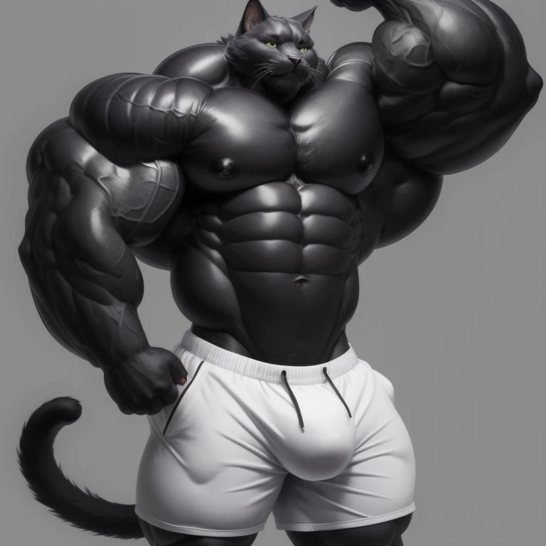 hyper growth, big Bulge, hyper muscles, furry growth, a cat, cute black cat, shirtless, wearing white shorts, exaggeratedly muscular, exaggeratedly huge muscles, exaggeratedly huge biceps and arms, on a gray background
