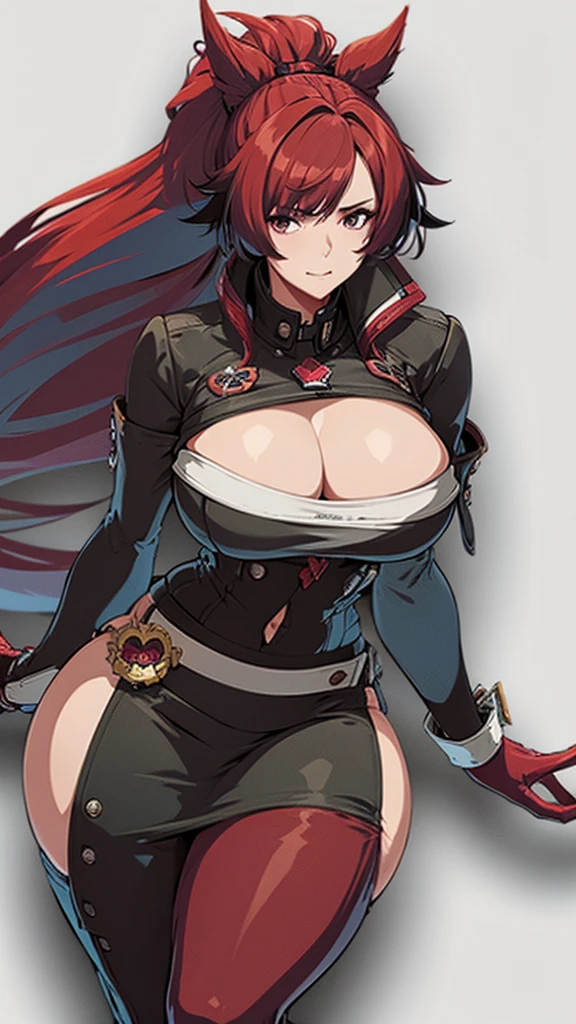High detailed, 1 girl, Red-violet hair ,spiky hair, large streaked ponytAil curly in the ends, big busty, firm curvy body, burgundy shirt, , deep cleavage, Juliet sleeves, pencil skirt, black thighhighs, red gloves