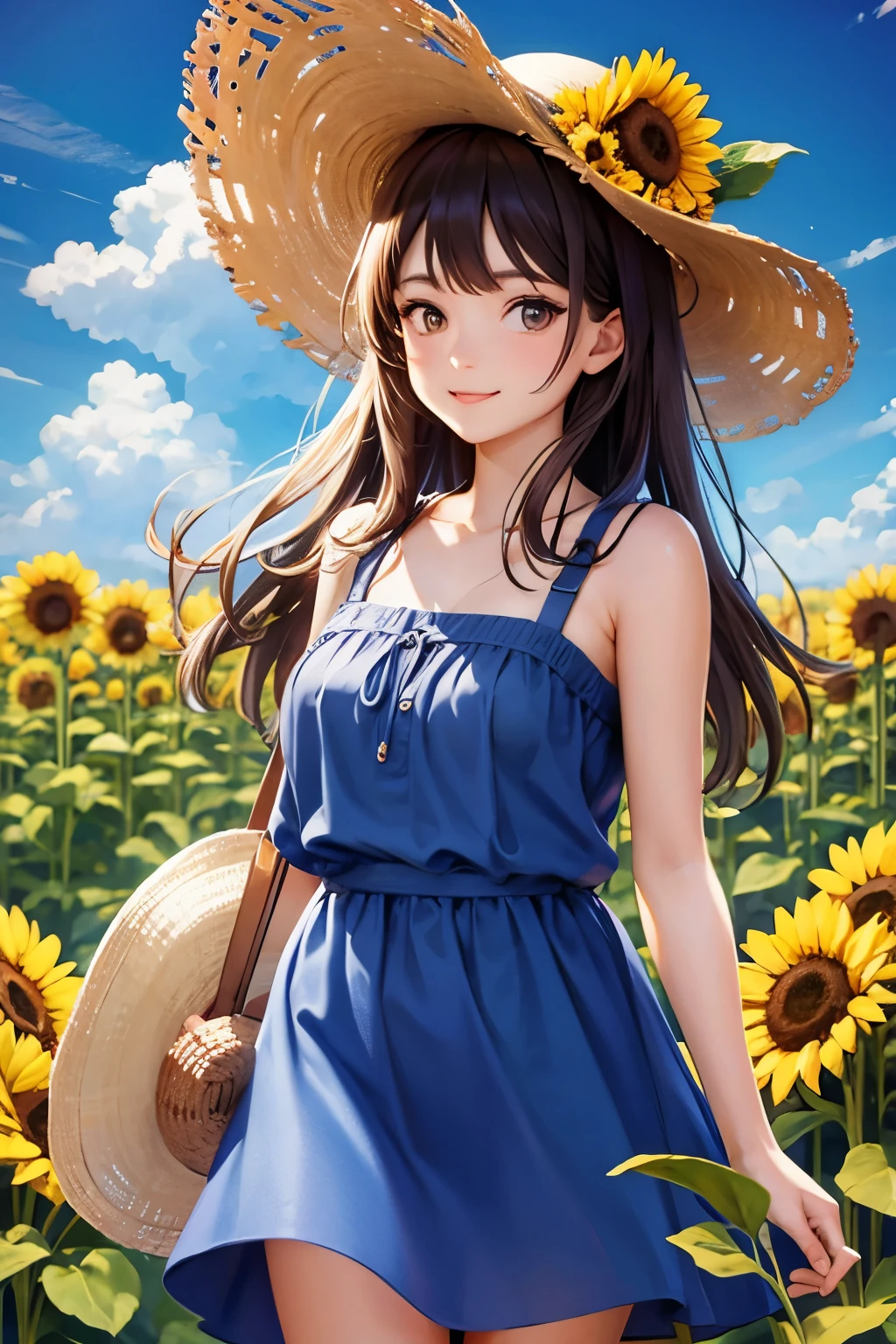 Beautiful brown haired girl smiling in a straw hat in a sunflower field in the shining summer sun