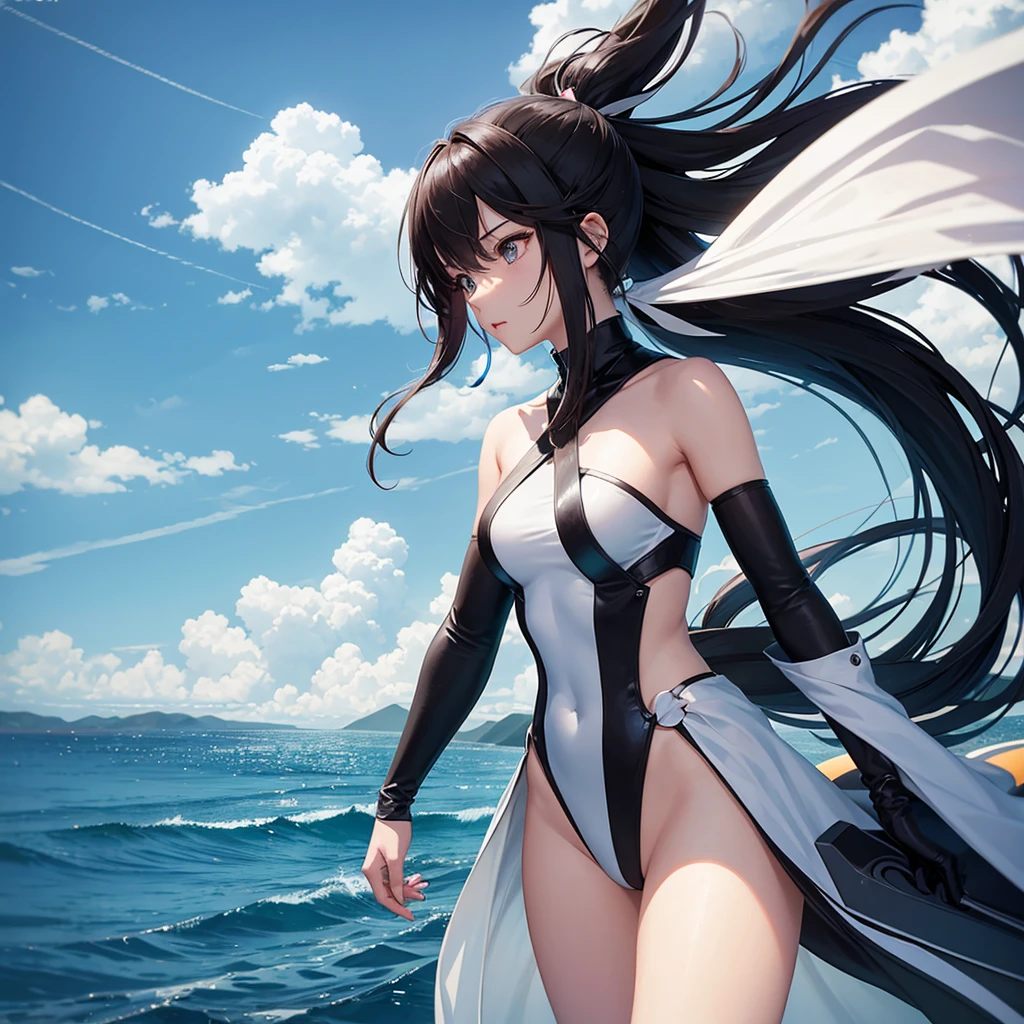 8K resolution, refined features, perfect face, glowing skin, high detail, latex_bodysuit, creamy white mucus body, enveloping the whole body, transparent liquid texture, sexy,busty,upright_straddle, sunrise, water, side view