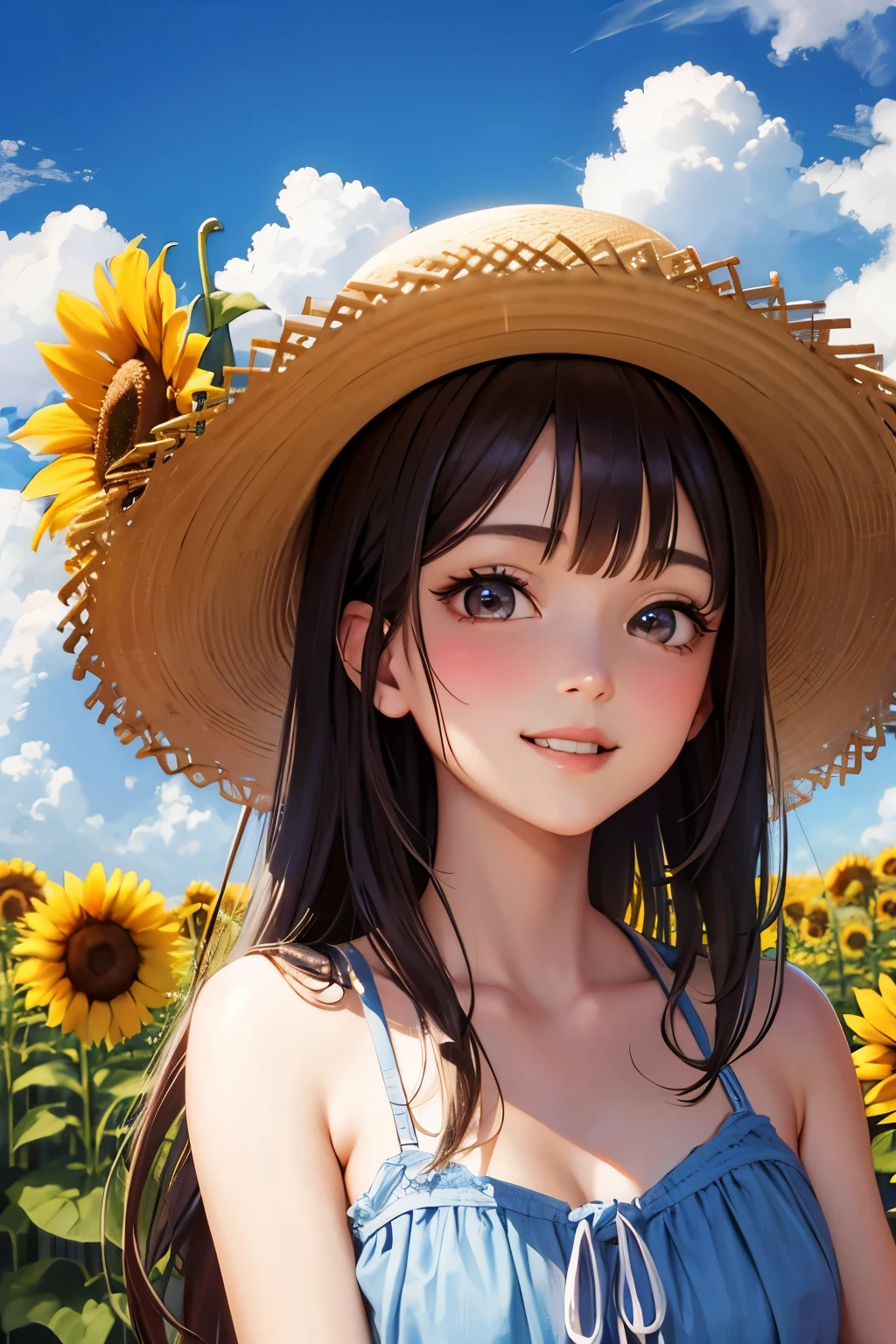 Beautiful brown haired girl smiling in a straw hat in a sunflower field in the shining summer sun