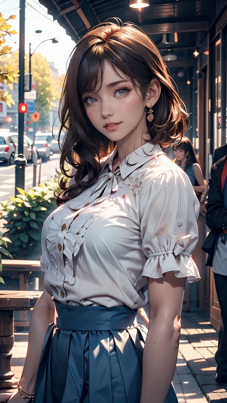 (8k, Highest quality, masterpiece: 1.2), Super detailed, Highest quality, Ultra-high resolution, Professional Lighting, Photon Mapping, Radio City, Physically Based Rendering, Cinema Lighting, Depth of written boundary, focus on, Light of the sun, Good composition, (Bokeh: 1.2), 1 person, (whole body), smile, Beautiful Eyes, Pause, narrow, Brown Hair, short hair, Prairie Blouse Light Blue, skirt,garden,hand {refer tos} cute {refer to} hand,