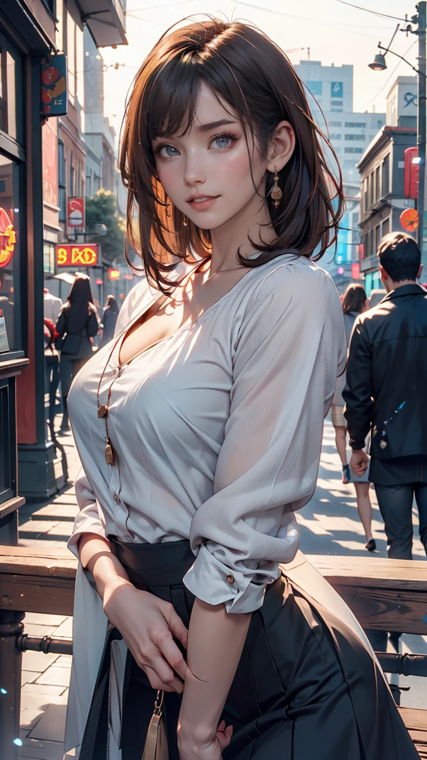 ((Realistic lighting, Best quality, 8k, Masterpiece: 1.3)), Sharp focus: 1.2, 1 girl, Beautiful woman with perfect body: 1.4, Slim abdomen: 1.1, ((Dark brown hair, Huge breasts: 1.3)), ( White Cardigan, Shorts: 1.3), Cowgirl pose, (Outdoor, Night: 1.1), City Street, Ultra detailed face, Detailed eyes, Double eyelid --LoRa --s2