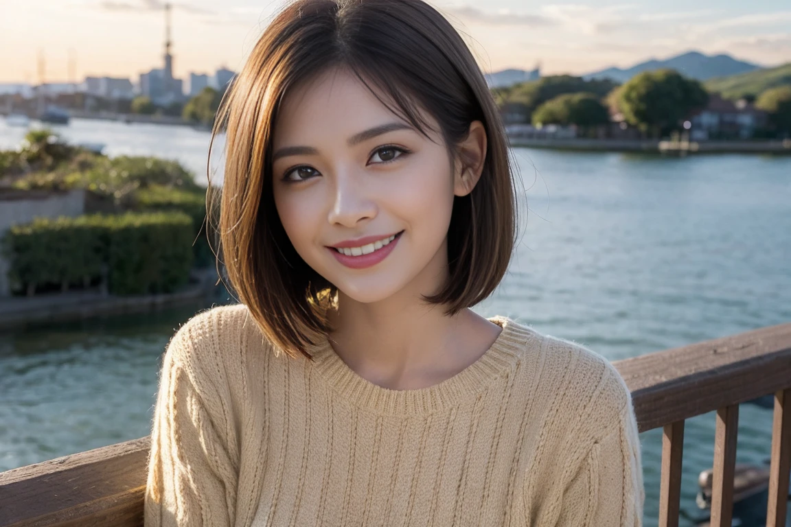(Realistic:1.1),(masterpiece,Highest quality),8k,(49 years old), 53 years old, ベリーslimボディ、slimカップル、Tight waist,Upper Body,sashimi、Tempura、Japanese sake、Shochu 、Amazing view of the sunset sky and clouds、Perfect Anatomy, Brown Hair, short hair,Random Hairstyles,((Highly detailed face and eyes:1.2)),Perfect golden ratio face,Long sleeve shirt、dress,(smile:1.2)、Shortcuts、cute、(Realistic, Intricate details:1.2), A bright smile、short hair,Bright Face、Champagne、sparkling wine、(slimな顔), (The body is slim), (Brown Hair), (Shortcuts), Upper Body, slim, wine glass,