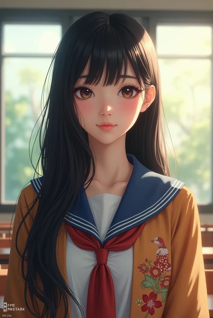 (masterpiece,Highest quality:1.4),(8k,RAW Photos,Photorealistic:1.4),Ultra-high resolution, ,(Glowing Skin:1.4),Detailed skin,Detailed face,Detailed eyes,(Beautiful and shining eyes:1.2),Symmetrical eyes,Detailed ears,One person,Natural Makeup,high school girls,(((Japanese Idols))),(Japanese Face),Detailed Background,Vivid background,Beautiful and shiny hair,,((Average age breasts)),,(Detailed Summer school uniforms for senior high school girls Japan),,((Sharp Face)),Natural light,,(Very detailed ,Trend design for 2024,online shopping,LUMINE® Market,),Trendy hairstyles,black_hair,long_hair,Upper Body,Instagram Style,(Detailed classroom of a girls' high school,,Location was great.),,Real-life schoolgirl