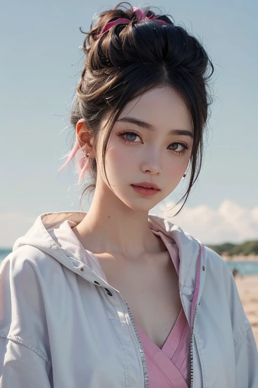 Background blue sky with rainbow,19-year-old woman,Platinum-coloured hair,(High Top Fade:1.3),Shoulder-length hair,(Hair with pink gradation at the ends),((Pale red eyes)),Dark Theme,Calm tone, Calm colors,High Contrast, (Natural skin texture,Hyperrealism,Soft Light, sharp)smile,Large size white raincoat,Black innerwear,((平らな胸)),
