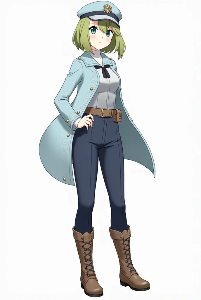 For Violet Evergarden’s outfit on her Pokémon journey, it would likely combine practicality with elegance, reflecting both her military background and her refined sense of style. Here’s a possible design for her outfit:
She has blonde hair, fair skin and blue eyes, and a pretty face like a calm doll.

1. **Top:** A fitted, high-collared jacket in a soft, muted color, such as pastel blue or ivory. The jacket might feature intricate embroidery or decorative elements, reminiscent of her Victorian-inspired attire from the original series, but adapted for a more rugged, travel-ready look. It could have practical elements like pockets for carrying essentials.

2. **Bottoms:** Tailored, durable trousers or a long, elegant skirt with reinforced areas for practicality during travel. The trousers might be in a complementary color, such as dark navy or gray, to maintain a refined yet functional appearance.

3. **Footwear:** Sturdy, ankle-high boots that are both comfortable for long journeys and stylish. The boots could be in a neutral color and feature subtle decorative accents.

4. **Accessories:** A stylish, yet practical belt with pouches for carrying Poké Balls and other items. Violet might also wear a decorative scarf or sash, adding a touch of elegance while also serving as an extra layer for changing weather conditions.

5. **Headwear:** A small, elegant hat or a headband that reflects her sense of refinement. The hat could be a soft, functional design that offers protection from the sun while maintaining her distinctive look.

Overall, her outfit would be a blend of practicality and sophistication, designed to reflect her character’s grace and attention to detail while ensuring she is well-prepared for her Pokémon journey.
