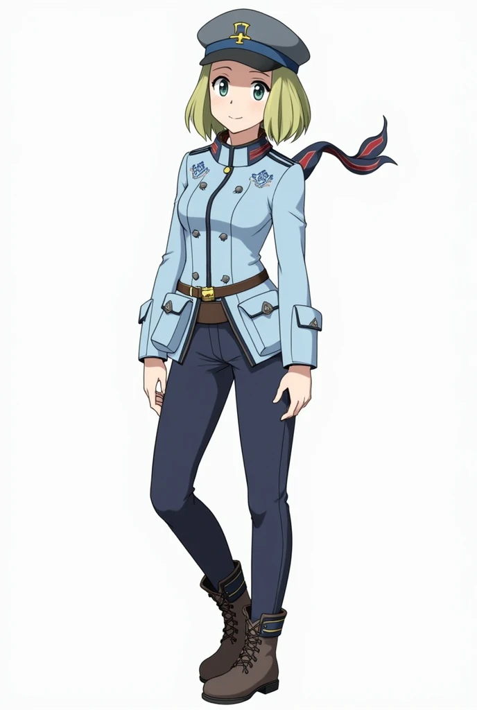 For Violet Evergarden’s outfit on her Pokémon journey, it would likely combine practicality with elegance, reflecting both her military background and her refined sense of style. Here’s a possible design for her outfit:
She has blonde hair, fair skin and blue eyes, and a pretty face like a calm doll.

1. **Top:** A fitted, high-collared jacket in a soft, muted color, such as pastel blue or ivory. The jacket might feature intricate embroidery or decorative elements, reminiscent of her Victorian-inspired attire from the original series, but adapted for a more rugged, travel-ready look. It could have practical elements like pockets for carrying essentials.

2. **Bottoms:** Tailored, durable trousers or a long, elegant skirt with reinforced areas for practicality during travel. The trousers might be in a complementary color, such as dark navy or gray, to maintain a refined yet functional appearance.

3. **Footwear:** Sturdy, ankle-high boots that are both comfortable for long journeys and stylish. The boots could be in a neutral color and feature subtle decorative accents.

4. **Accessories:** A stylish, yet practical belt with pouches for carrying Poké Balls and other items. Violet might also wear a decorative scarf or sash, adding a touch of elegance while also serving as an extra layer for changing weather conditions.

5. **Headwear:** A small, elegant hat or a headband that reflects her sense of refinement. The hat could be a soft, functional design that offers protection from the sun while maintaining her distinctive look.

Overall, her outfit would be a blend of practicality and sophistication, designed to reflect her character’s grace and attention to detail while ensuring she is well-prepared for her Pokémon journey.