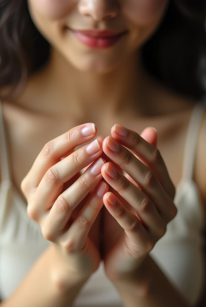 Generate a close-up image of two hands positioned in front of the viewer. beautiful young Japanese woman wearing only camisole. both hands are extended forward , one hand with the fingers curled just like softly grabbed. The other hand should be placed on top of the another hand, gently covering from above. Ensure that the fingers of both hands are detailed, with attention to the textures and contours of the skin. The background should be neutral or softly blurred to keep the focus on the hands and the interaction between them.