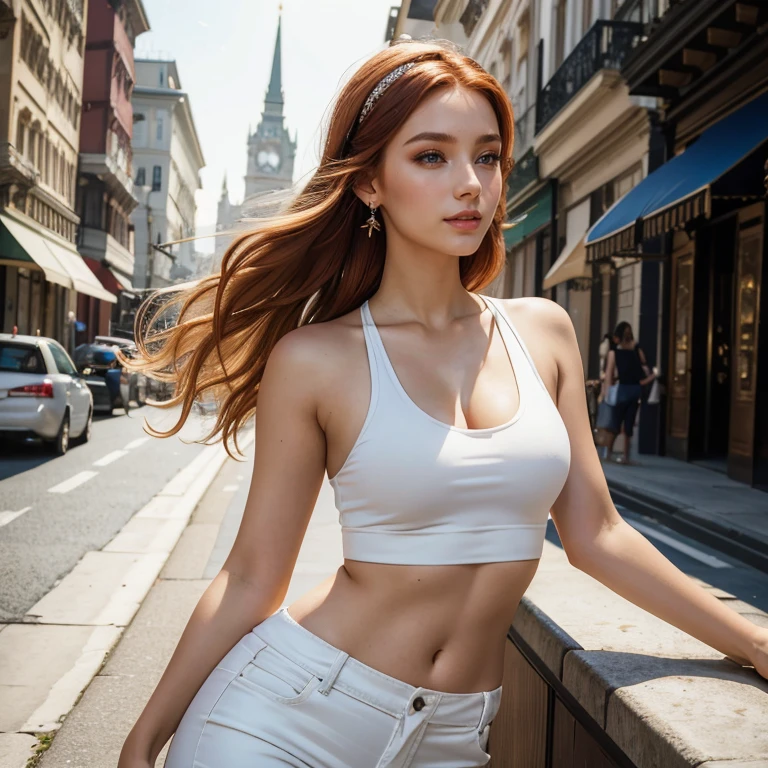 (​masterpiece, best quality:1.5), highest quality, High resolution, super detailed, Realists, Bust portrait of a 22-year-old red-haired woman, detailed and beautiful eyes, beautiful detailed lips, very detailed eyes and face, longeyelashes, A 22-year-old woman in a tank top made of shiny satin and long white pants, Beautiful and colorful makeup, elegant and noble々Pose,shiny satin headband,, City as background, bright daylight, bright colors, fine brushstrokes, Portrait style, beautiful color palette, glowing skin, First-class rendering, that captures every detail, enchanting atmosphere, (perfect ???????:1.2), (The stunning woman is wearing a tank top and long white pants. She smiles flirtatiously., She stands and shows off her figure,  (magnificent panorama view:1.2)