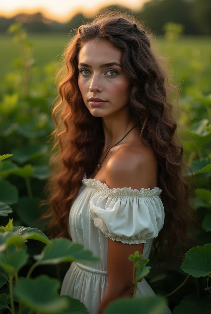 create a photorealistic pic of a beautiful peasant young woman with long, curly brown hair that cascades down her back. Her eyes are a deep shade of green, framed by thick lashes. She wears a simple dress. She stands in the bushes and there is early evening; she wears simple necklace