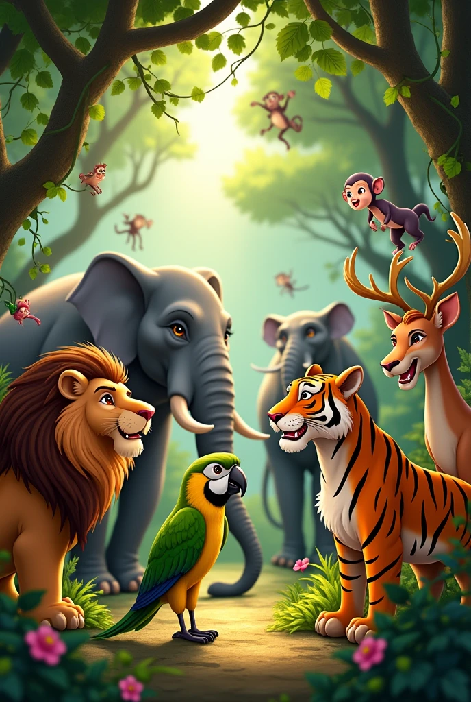 The Jungle Animals Gathered Around Chiku and Timba**: A gathering of various jungle animals like lions, elephants, deer, and monkeys, all looking towards Chiku and Timba. Chiku is sharing a plan or idea with Timba, who listens attentively. The animals are shown in different poses of interest and curiosity.