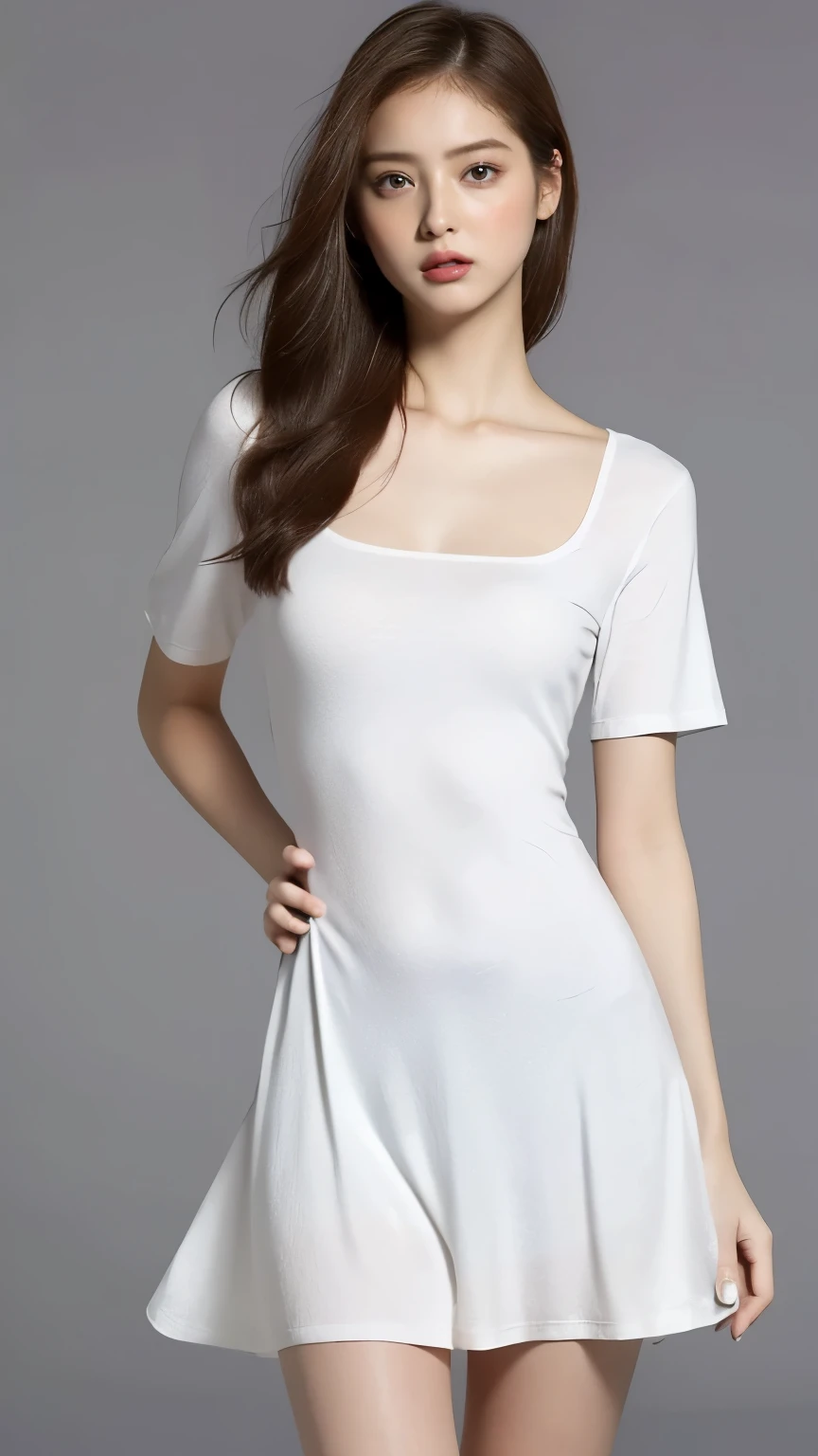 Highest quality,masterpiece,Ultra-high resolution,(Actual:1.4),Original photo,Ultra-high resolution，8K，There are also women，Fair skin、white short sleeve dress ,
Long legs:1.5，Bright and beautiful，high waist，Flashy makeup，Gray background，