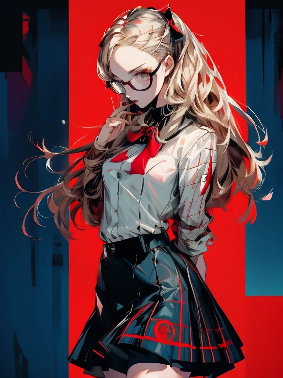 in the art style of persona5, (masterpiece:1.2, highest quality), (Realistic, photoRealistic:1.4), Beautiful illustrations, (Natural Side Lighting, Cinema Lighting), Written boundary depth, Beautiful thighs staring at the viewer, 1 female, 30-year-old, alone, thin, slender, (small breasts), long Hair, straight Hair, Forehead, Forehead, Forehead, Forehead, thin, slender, glasses, White blouse with formal collar, Blue Blazer, Red Check Skirt, Red checkered ribbon on blouse, Are standing, (((glasses)))