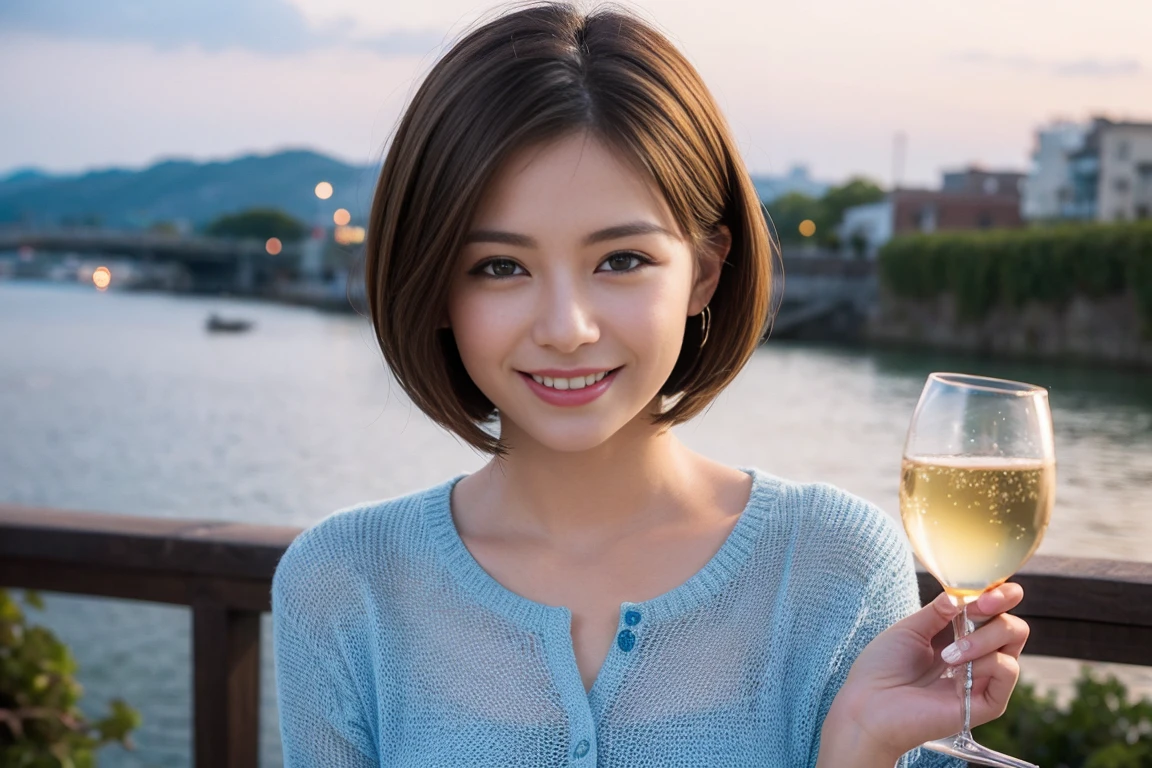 ((Highest quality、8k、masterpiece:1.3))、slimカップル、modelカップル、(Realistic, Intricate details:1.2), sashimi、Tempura、Japanese sake、Shochu 、Amazing view of the sunset sky and clouds、A bright smile、The wonderfulness of smile、Bright image、The beauty of wine, Beautiful Face, blue eyes, The light shines on your face, blush, short hair,Bright Face、 (Age 37), 39 years old, sparkling wine、Two beauties、Brown Hair、Shortcuts、Long sleeve shirt、dress、Beautiful woman 1, (slimな顔), (The body is slim), (Brown Hair), (Shortcuts), cheeks turn a little red,Attractive beauty、restaurant, In a prominent place (From the waist up) Nova Frog Style, actress, model, Upper Body, White wine, slim, smile, (smile: 1.15), Beautiful fine grain, Depth f/2,saturation, High Contrast, Strong light and shadow,Moist Body:1.5、3D texture、Delicate eyes、Brown Hair、The hair is very shiny、