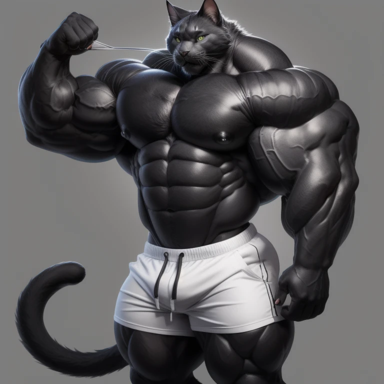 hyper growth, hyper muscles, furry growth, a cat, cute black cat, shirtless, wearing white shorts, exaggeratedly muscular, exaggeratedly huge muscles, exaggeratedly huge biceps and arms, on a gray background