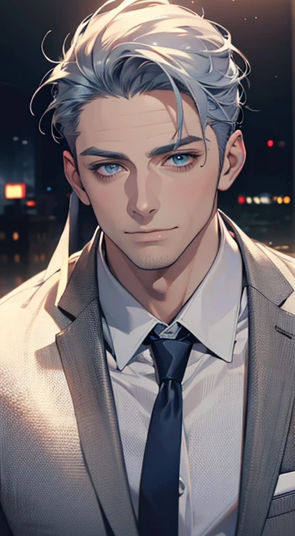 (best quality,4k,8k,highres,masterpiece:1.2),ultra-detailed,(realistic,photorealistic,photo-realistic:1.37),1 man,31 years old,mature man,very handsome,without expression,smile,short grey blue hair,blue eyes,penetrating gaze,perfect face without errors,imposing posture,businessman,office background,cinematic lighting,hdr image