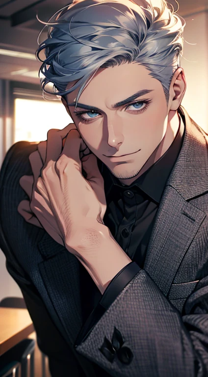 (best quality,4k,8k,highres,masterpiece:1.2),ultra-detailed,(realistic,photorealistic,photo-realistic:1.37),1 man,31 years old,mature man,very handsome,without expression,smile,short grey blue hair,blue eyes,penetrating gaze,perfect face without errors,imposing posture,businessman,office background,cinematic lighting,hdr image