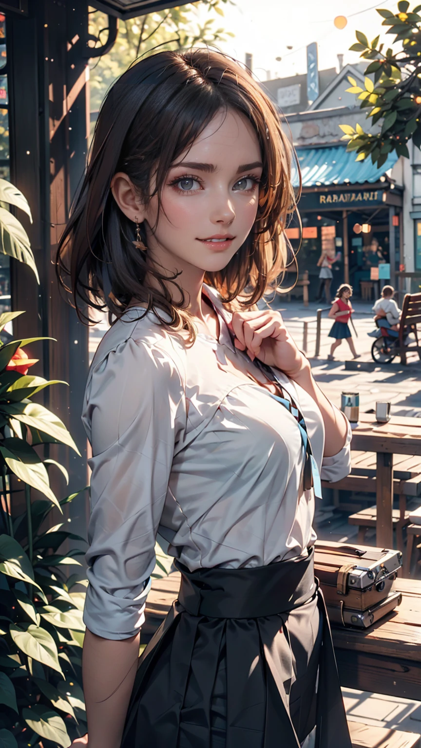 (8k, Highest quality, masterpiece: 1.2), Super detailed, Highest quality, Ultra-high resolution, Professional Lighting, Photon Mapping, Radio City, Physically Based Rendering, Cinema Lighting, Depth of written boundary, focus on, Light of the sun, Good composition, (Bokeh: 1.2), 1 person, (whole body), smile, Beautiful Eyes, Pause, narrow, Brown Hair, short hair, Prairie Blouse Light Blue, skirt,garden,hand {refer tos} cute {refer to} hand,