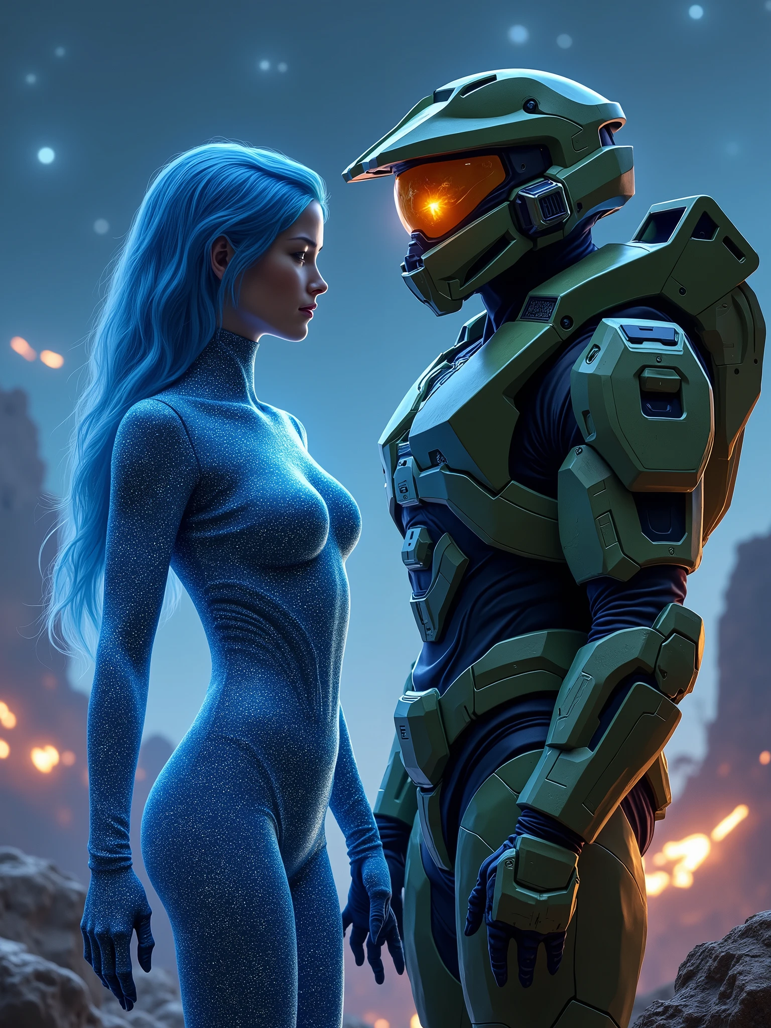 Cortana in blue digital camouflage suit, format and Spartan 117 from Halo Universe, image in 9:16